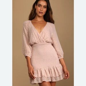 Lulus Medium All the Cheers Pink Gold Dots Smocked Mini Dress ~ Party Fairy